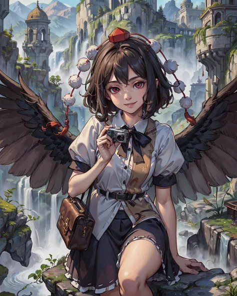 (masterpiece, top quality, best quality, official art, beautiful and aesthetic:1.2), (1girl:1.3), extreme detailed, colorful,highest detailed,illustrations, artistic fusion,fantastical scenes, aya-a,1girl,hat,smile,camera,shameimaru aya <lora:shameimaru:0....