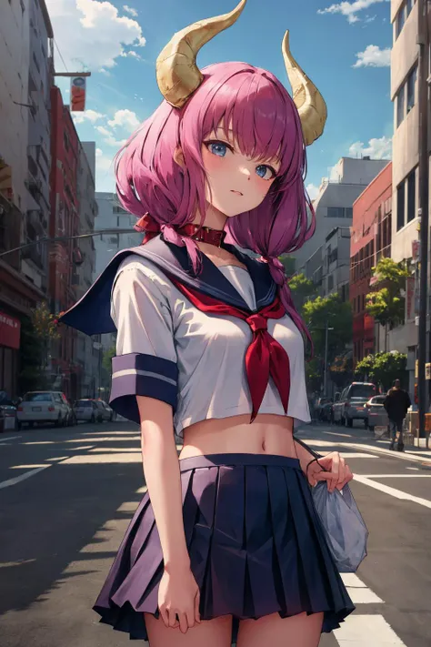 masterpiece, best quality, absurdres, 1girl, solo, AuraFrieren, horns, ponytail,
serafuku, sailor collar, red neckerchief, shirt, short sleeves, midriff, pleated skirt, blue skirt, standing, outdoors, city, <lora:AuraFrieren:1>