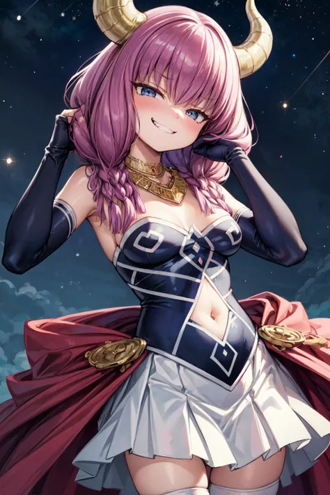 masterpiece,best quality,1girl,AuraFrieren,horns,twin braids,necklace,strapless shirt,navel cutout,white skirt,red waist cape,elbow gloves,thigh boots,evil grin,smirk,shaded face,one hand in own hair,one arm at side,plain,starry sky,night,dark,dutch angle,...