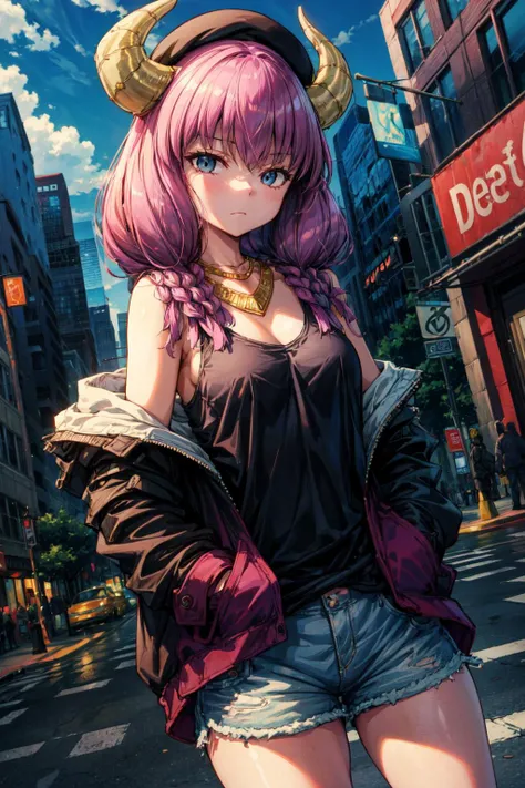 masterpiece,best quality,1girl,AuraFrieren,horns,twin braids,necklace,beret,black jacket,open jacket,domino mask,denim shorts,pink tank top,expressionless,hands in pockets,city,dutch angle,<lora:AuraFrieren:1>,<lora:Concept-control tool-add_detail-CyberAIc...