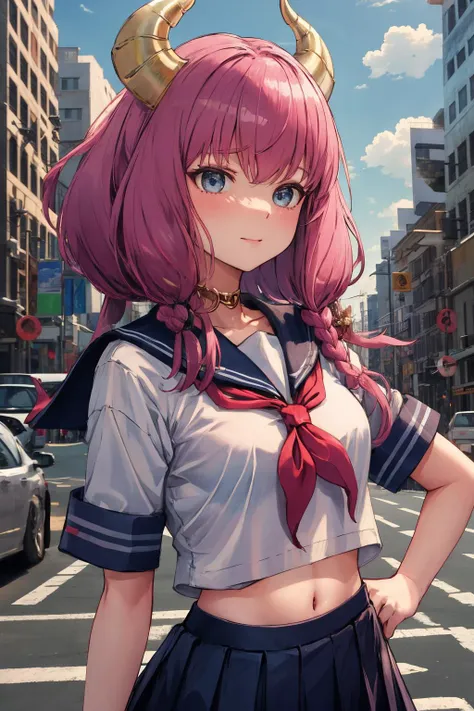 masterpiece, best quality, absurdres, 1girl, solo, AuraFrieren, horns, ponytail,
serafuku, sailor collar, red neckerchief, shirt, short sleeves, midriff, pleated skirt, blue skirt, standing, outdoors, city, <lora:AuraFrieren:1>