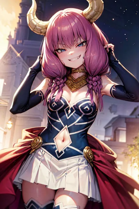 masterpiece,best quality,1girl,AuraFrieren,horns,twin braids,necklace,strapless shirt,navel cutout,white skirt,red waist cape,elbow gloves,thigh boots,evil grin,smirk,shaded face,(one hand in own hair),plain,starry sky,night,dark,dutch angle,<lora:AuraFrie...