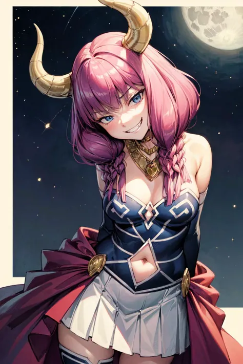 masterpiece,best quality,1girl,AuraFrieren,horns,twin braids,necklace,strapless shirt,navel cutout,white skirt,red waist cape,elbow gloves,thigh boots,evil grin,smirk,shaded face,(bent over,arms behind back),plain,starry sky,night,full moon,dark,dutch angl...