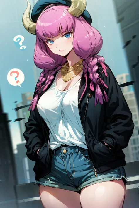 masterpiece,best quality,1girl,AuraFrieren,horns,twin braids,necklace,beret,black jacket,open jacket,mask,denim shorts,pink tank top,thick thighs,wide hips,expressionless,(hands in pockets),(spoken question mark:1.2),city,dutch angle,<lora:AuraFrieren:1>,<...