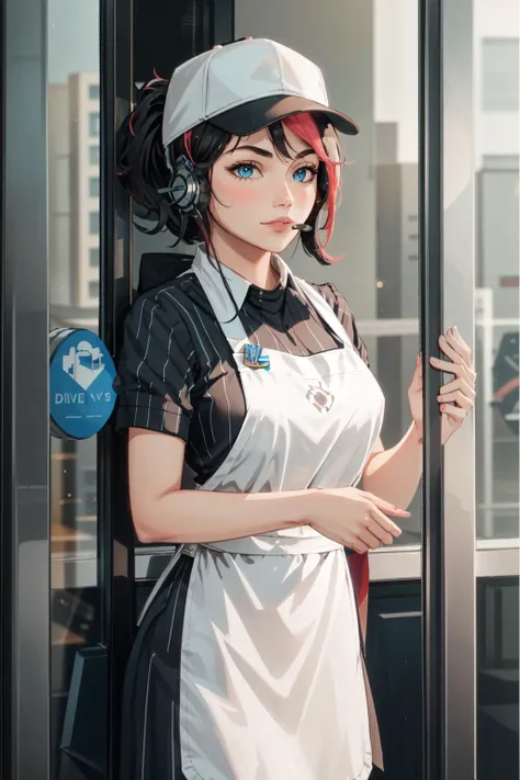 best quality, intricate details,
1girl,     <lora:Fiora3in1V5-000014:0.8> fiora (league of legends), headmistress fiora, 
 <lora:Drive-Thru Window Operator:1> Inside the drive-thru window, drive-thru window, headset, apron, cap, cap hat,