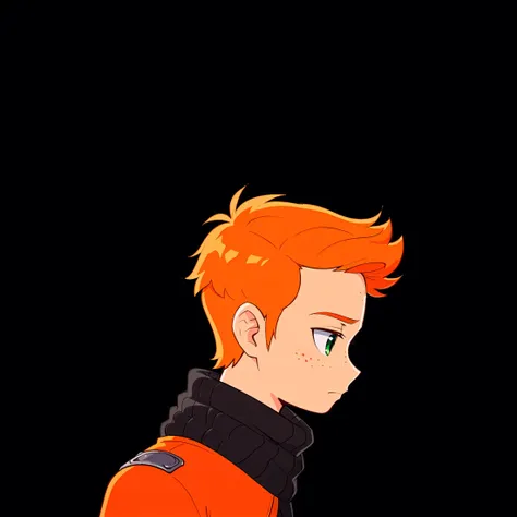 anime boy with orange hair and green eyes looking away