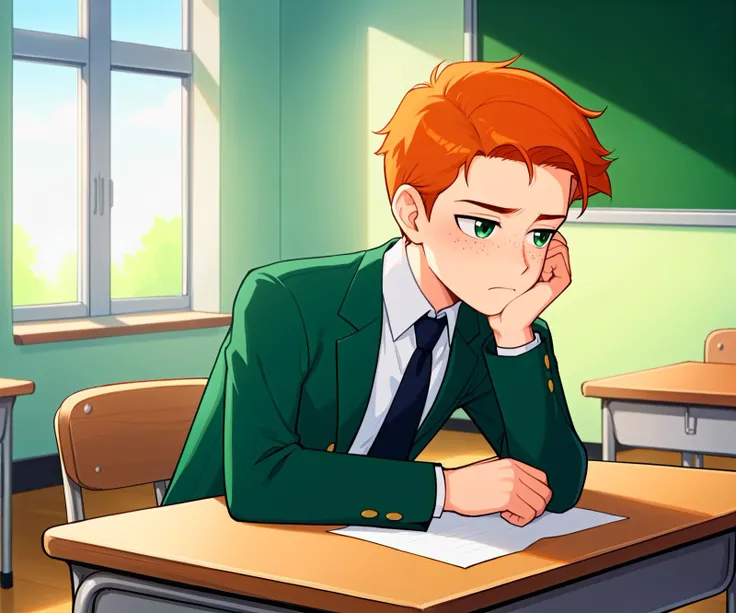 anime boy in green suit sitting at desk with hand on chin