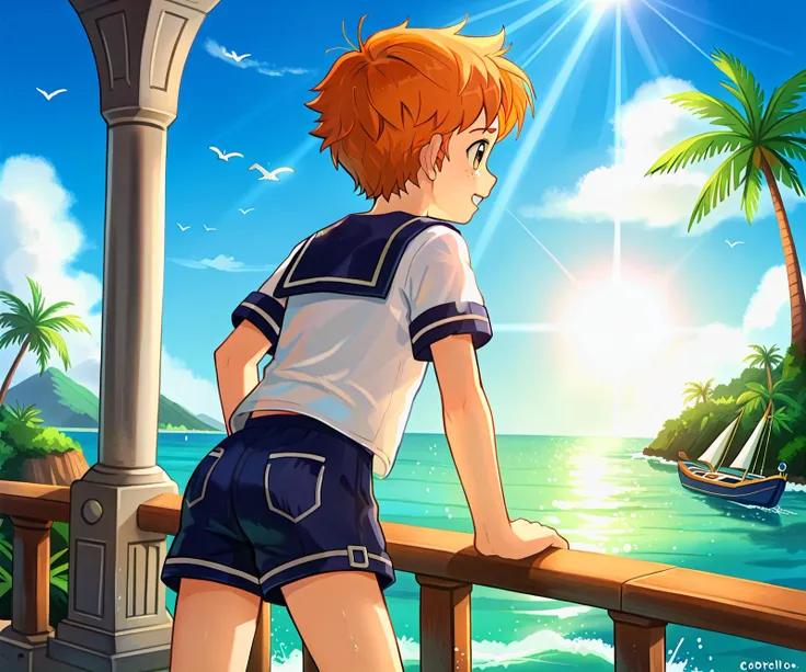 anime boy looking out over the ocean from a balcony