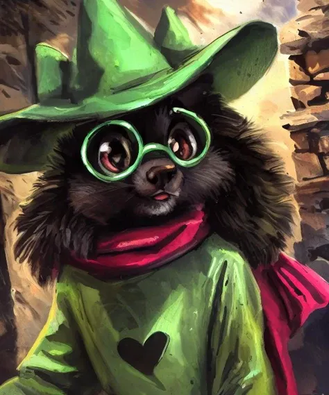 uploaded on e621, ((by Sabretoothed Ermine, by Kenket, by Supplesee, by Joaqun Sorolla)), solo, ((ralsei)), black fur, green glasses, red scarf, green coat, green wizard hat, looking at viewer, front view, smiling, (detailed background, depth of field, hal...