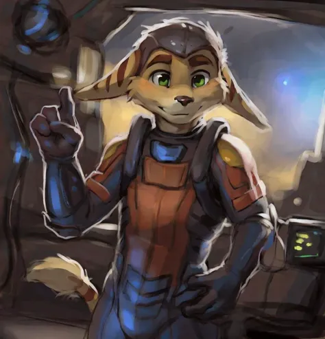 ratchet, detailed eyes, detailed face, detailed fluffy fur, athletic, stripes, male, anthro lombax, (wearing space suit:1.2), handwear, gloves, in a starship, space art, depth of field, solo, detailed background, high quality, masterpiece, 8k, cinematic li...