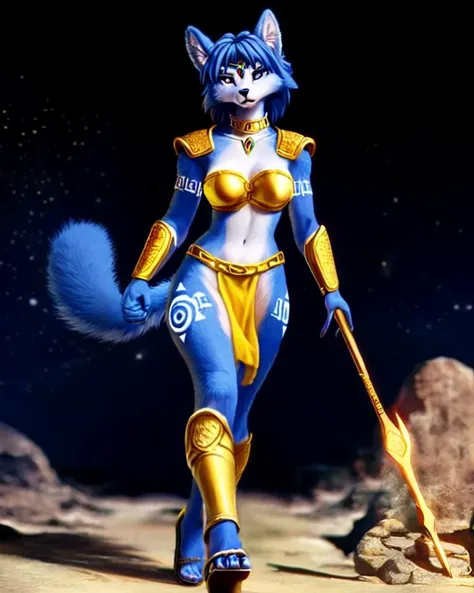 (best quality, high quality:1.4), space background, outdoor ruins, ancient greek ruins, semirealism, extremely detailed, curvy furry, detailed realistic fur, furry Krystal, short snout, golden circlet, strapless bra, loincloth, jewelry, collar, necklace, s...