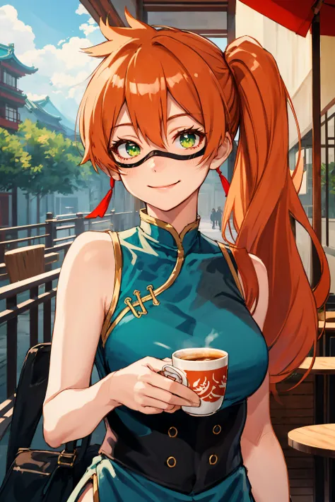 kendou itsuka,  long hair, side ponytail, 1girl, mask, green eyes, outdoors, cafe, upper body, smile, orange hair, blue dress, looking at viewer, chinese clothes, closed mouth, solo, china dress, sleeveless <lora:kendou_itsuka:1>