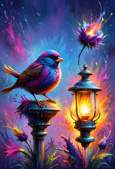 a painting of a bird sitting on top of a lamp post