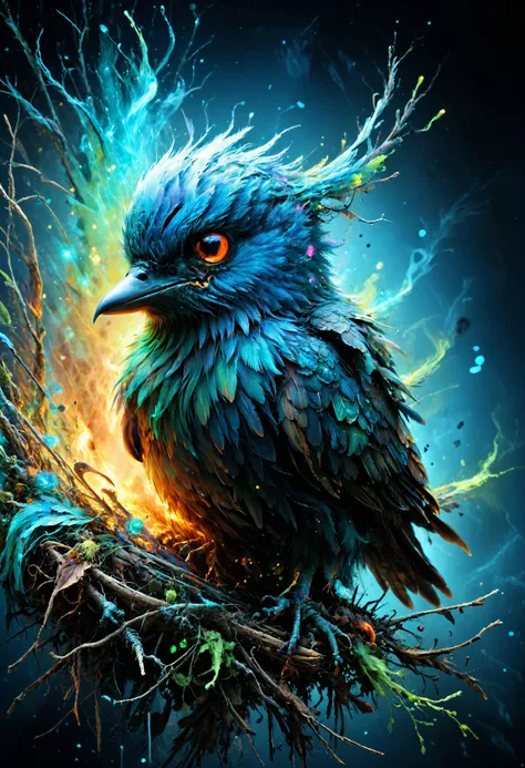 a bird with blue feathers sitting on a branch with fire