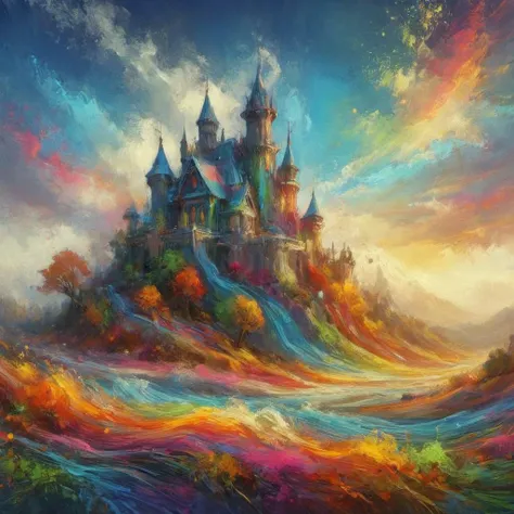 Cycles render, stout Ivorian liquid colorful paint forming the shape of a mechanical castle on an autumn hilltop, made of colorful dripping liquid paint <lora:Rainbow_Style:0.8>, Atompunk, Rembrandt lighting, (colorful art stylized by Lisa Frank:1.1) , Mor...