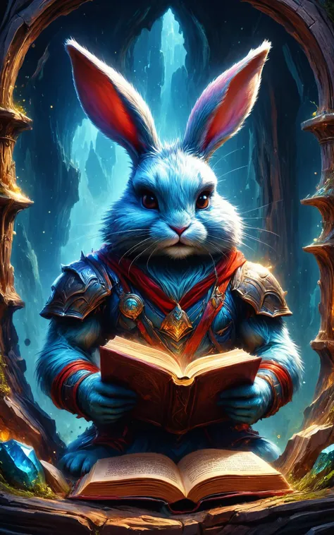 a rabbit reading a book in a cave with a window