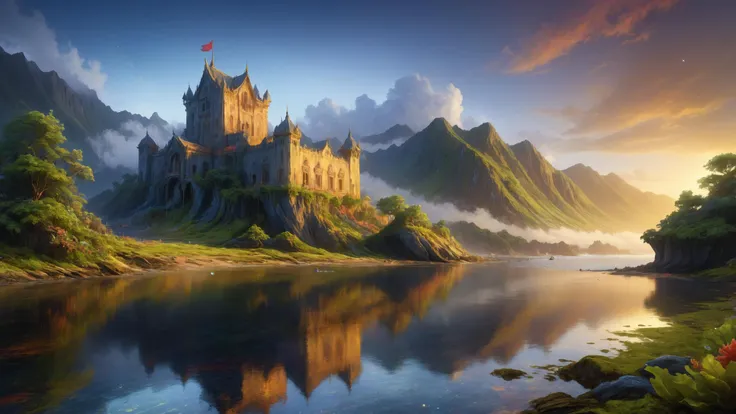 a castle sits on a mountain overlooking a lake and mountains