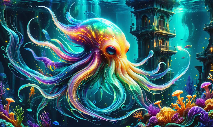 a painting of a colorful octopus in a deep sea with corals