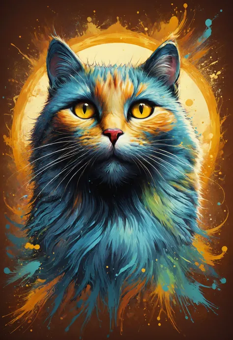 a painting of a cat with yellow eyes and a full moon