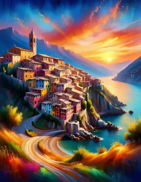 a painting of a village on a hill overlooking the ocean