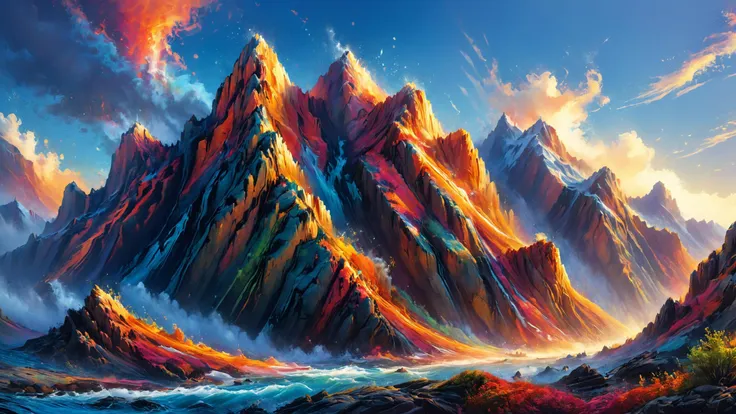 a painting of a mountain with a river running through it