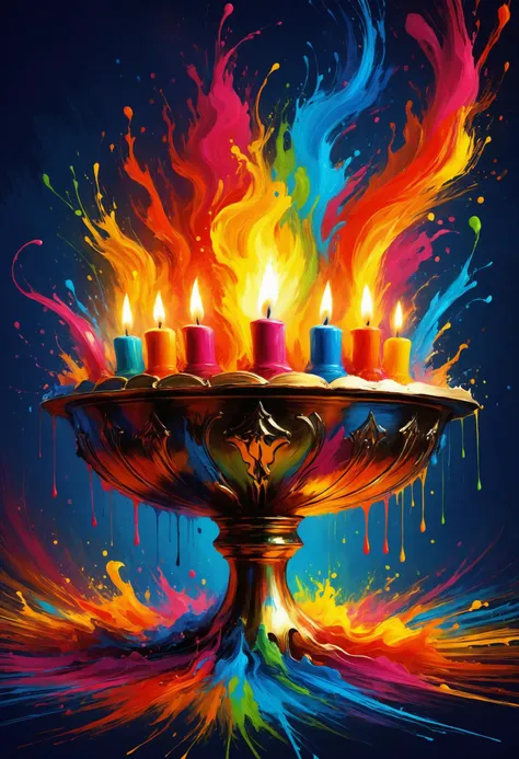 a colorful lit oil painting of a lit candle with colorful paint splatters