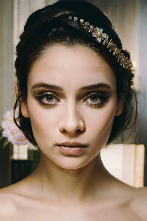 a woman with a headband and a flower in her hair