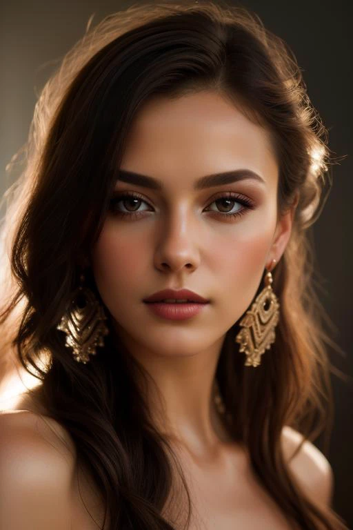 ((best portrait)),  (lipstick:0.3), earrings, dark makeup,, (masterpiece, best quality), intricate details, realistic, photorealistic,  flawless structure, masterpiece, (portrait), natural skin, (long hair), oiled skin, subsurface scattering, shot with cin...