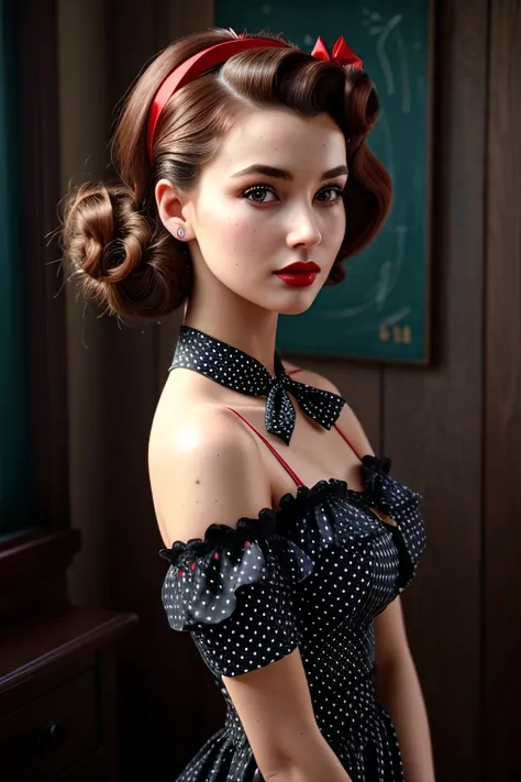 a woman, half body of a fashionable girl in pin-up style, red lipstick, perfectly coiffed victory rolls, with a flared polka dot dress cinched at the waist, sunglasses and a headscarf tied in a playful bow, retro charm, retro style photo, enhancing the sce...