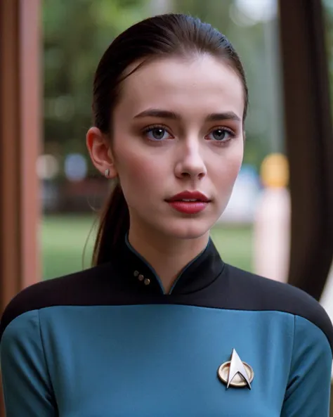 a close up of a woman in a blue shirt with a star trek badge on her neck