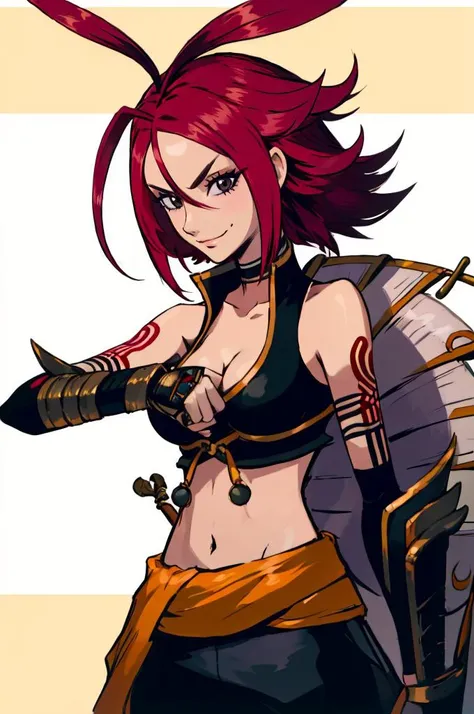 <lora:alkaid-nvwls-v1:0.9> alkaid, antenna hair, black crop top, sleeveless, cleavage, gauntlets, black pants, clothes around waist, white overskirt, arm tattoo, <lora:concept_fistinhand:1> fist in hand, smug smile,  <lora:Sugimori_Ken_Style_v3:0.7>, absur...