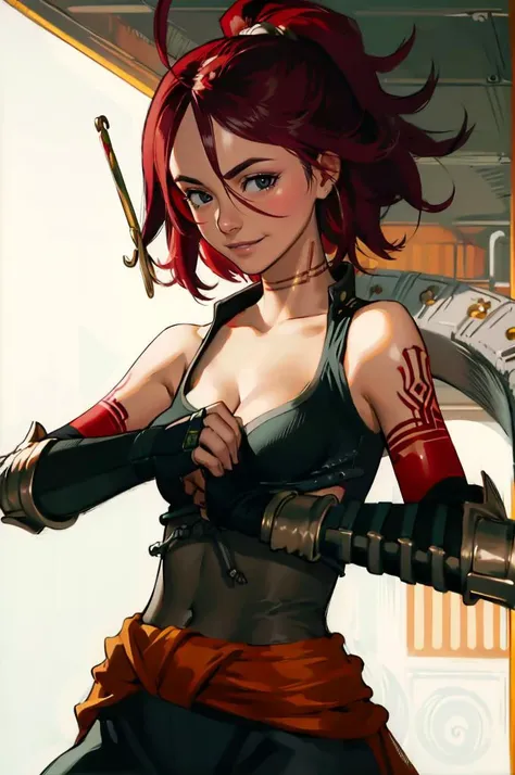 <lora:alkaid-nvwls-v1:0.9> alkaid, antenna hair, black crop top, sleeveless, cleavage, gauntlets, black pants, clothes around waist, white overskirt, arm tattoo, <lora:concept_fistinhand:1> fist in hand, smug smile,   <lora:comiclo:0.8>, absurdres, ultra d...