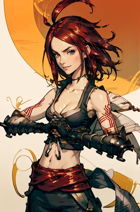 <lora:alkaid-nvwls-v1:0.9> alkaid, antenna hair, black crop top, sleeveless, cleavage, gauntlets, black pants, clothes around waist, white overskirt, arm tattoo, <lora:concept_fistinhand:1> fist in hand, smug smile,  <lora:yoshida_akihiko_offset:1> yoshida...