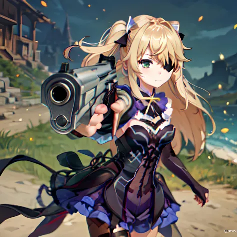 fischldef gunatyou, gun, aiming at viewer, holding gun<lora:genshinfull1:1.0> blonde hair, eyepatch simple background <lora:pointinggun:1>, Realistic painting style, masterpiece, best quality, absurdres, pixiv,