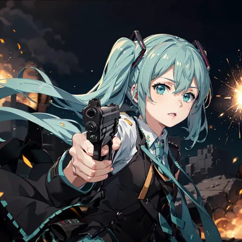 best quality, masterpiece, hatsune miku, (military uniform), gunatyou, gun, aiming at viewer, holding gun, explosion, battlefield,  <lora:gunAimingAtYouV1:0.7>, military hat,