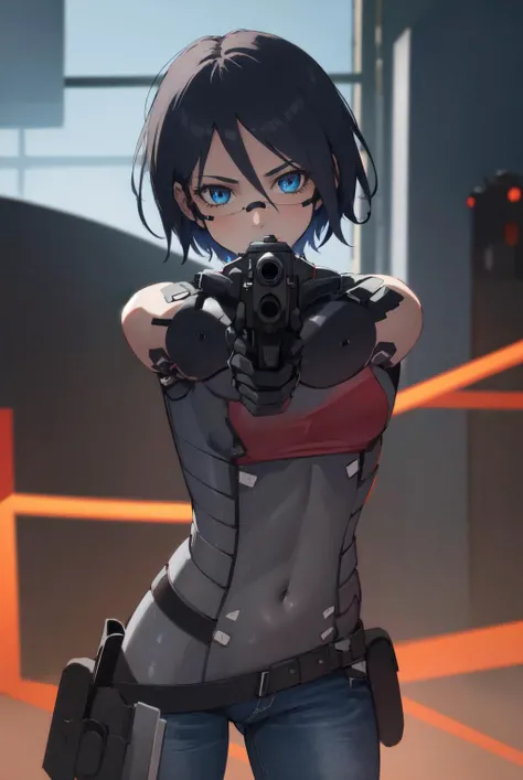 masterpiece, best quality, ultra detailed,   <lora:signalis_elster:0.9>, elster, cyborg, 1girl, solo, blue eyes, short hair,( blue layered tank tops:1.2 ), jeans, and combat boots, covered navel, holster <lora:LoraGoth:1>, aiming at viewer, handgun, holdin...