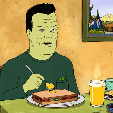 cartoon of   Frankensteins Monster having brunch
(in kingofthehill style:1.5)
<lora:xl_more_art-full_v1:0.5> <lora:add-detail-xl:0.45>  <lora:kingofthehillstyleXL_v.10.1:0.8>