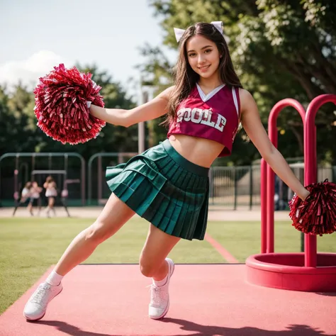 full body,photo of a 18 year old girl,cheerleader,pom pom \(cheerleading\),happy,crop top,pleated upskirt,outdoor,playground,ray...