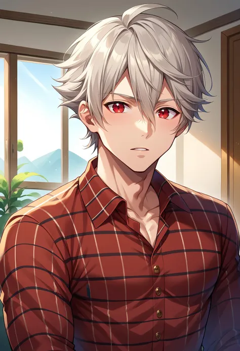 anime boy with white hair and red eyes in a red shirt