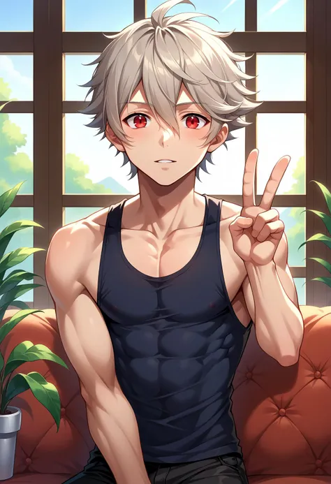 anime guy with blonde hair and black tank top sitting on a couch