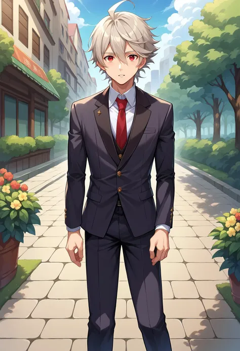 anime boy in a suit standing on a sidewalk in a city