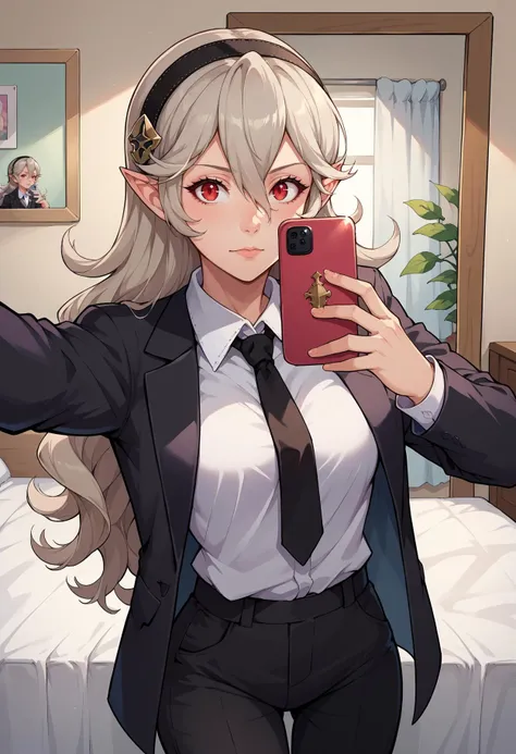 anime girl in a suit taking a selfie with her phone