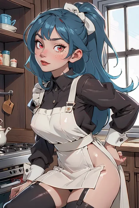 1girl, (masterpice), (high resolution), (8K), (extremely detailed), (4k), (pixiv), (perfect face), (nice eyes and face), (best quality), (super detailed), (detailed face and eyes), (solo), (dynamic pose), apron, maid, sexy, sexy dress, thighhighs, garter s...