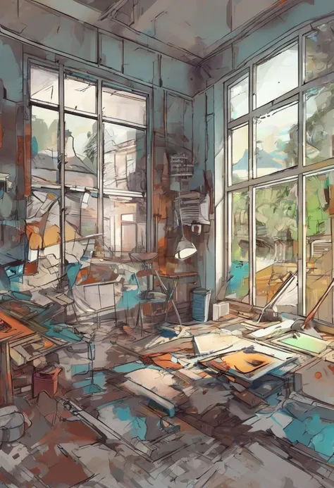 rough brushy digital painting, sketch, Abandoned Art Studio (room) <lora:EnvyStarlightDigitalPainting03:1>