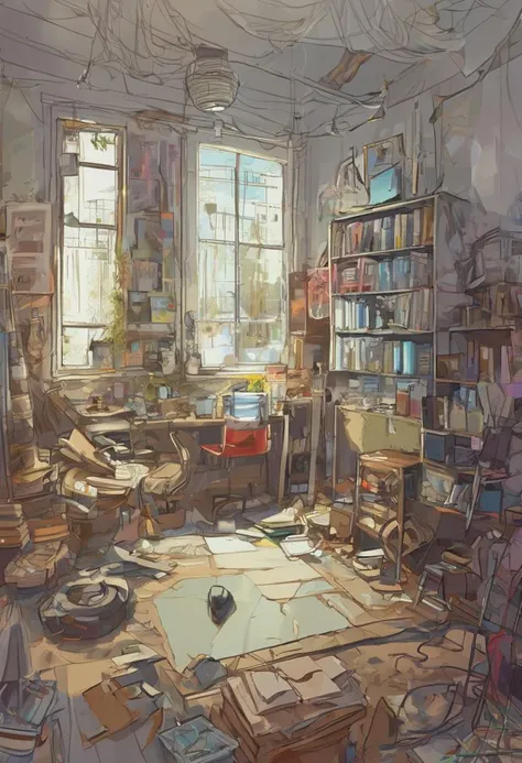 rough brushy digital painting, sketch, Abandoned Art Studio (room) <lora:EnvyStarlightDigitalPainting03:1>