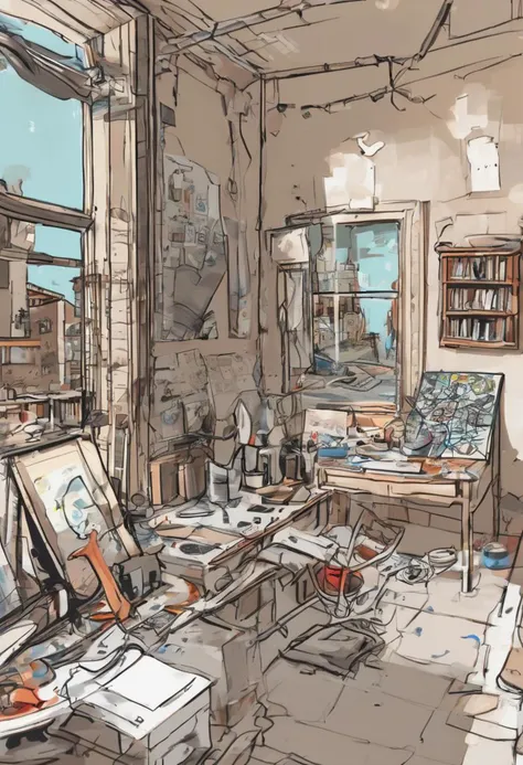 rough brushy digital painting, sketch, Abandoned Art Studio (room) <lora:EnvyStarlightDigitalPainting03:1>