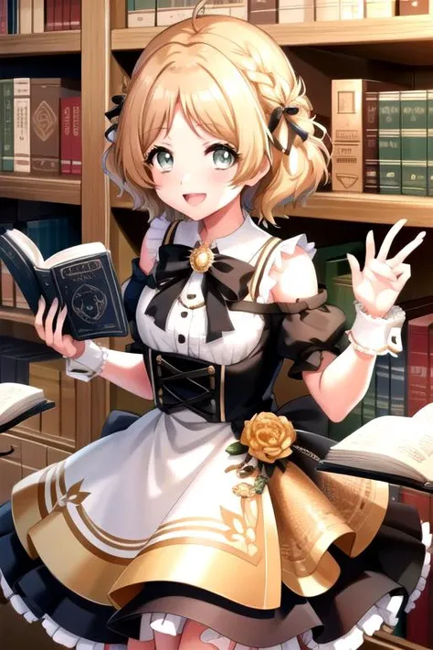 <lora:Miiko-06:0.7>, miikod4, looking at viewer, smile, open mouth, hair ornament, dress, bow, bare shoulders, hair bow, frills, wrist cuffs, book, frilled dress, bookshelf, library