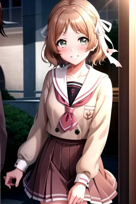 <lora:Miiko-06:0.7>, miikod4, blush, smile, skirt, brown hair, shirt, long sleeves, ribbon, school uniform, hair ribbon, pleated skirt, serafuku, sailor collar, grin, night, red necktie, white ribbon, index finger raised, finger to mouth, white sailor coll...