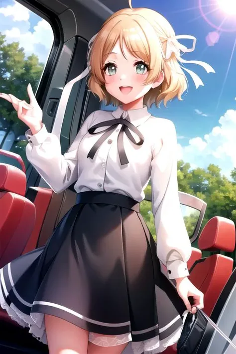 <lora:Miiko-06:0.7>, miikod4, blush, smile, open mouth, skirt, shirt, long sleeves, bow, ribbon, hair ribbon, white shirt, :d, outdoors, sky, teeth, day, cloud, black skirt, blue sky, sparkle, black ribbon, neck ribbon, upper teeth only, ground vehicle, le...