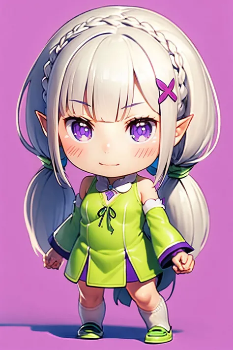 (CHIBI:1.3),(full body),simple_background,
<lora:(_YvupNuLum;)aZmh<.r11V:0.7>,
1girl,solo,emilia (re:zero),pointy ears,purple eyes,grey hair,white hair,very long hair,blunt bangs,
YWN,(twintails),crown braid,sidelocks,x hair ornament,hair flower,green...